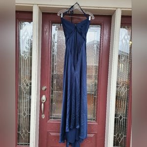 Gio Moretti Navy Blue Satin V Neck Halter Maxi Dress Floor Length Open Back sz 8
